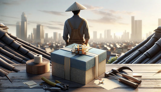 Traditioneller Dachdecker bei der Arbeit mit elegant verpacktem Geschenk in Persian Blue und warmem Licht auf dem Dach mit Stadtblick.