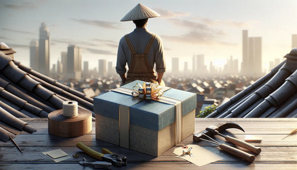 Traditioneller Dachdecker bei der Arbeit mit elegant verpacktem Geschenk in Persian Blue und warmem Licht auf dem Dach mit Stadtblick.