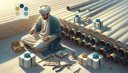 Traditioneller Handwerker bearbeitet Metalldachrinnen, umgeben von Werkzeugen und stilvoll verpackten Geschenken in Steelmonks Farben.