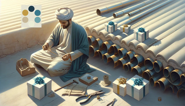 Traditioneller Handwerker bearbeitet Metalldachrinnen, umgeben von Werkzeugen und stilvoll verpackten Geschenken in Steelmonks Farben.