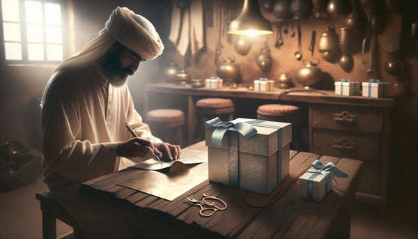 Traditioneller Handwerker bearbeitet Blech in Werkstatt, umgeben von stilvoll verpackten Geschenken in Steelmonks-Farben.
