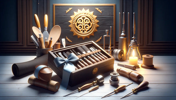 Traditioneller Werkzeugsatz in Gerüstbauer-Werkstatt mit Zunftzeichen in Steelmonks-Farben, stimmungsvolles Geschenkbild.