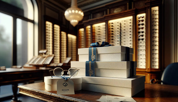 Traditionelles Augenoptik-Fachgeschäft mit feinen Geschenken in blau-weiß-gelben Farben im Steelmonks-Stil, warm und einladend.
