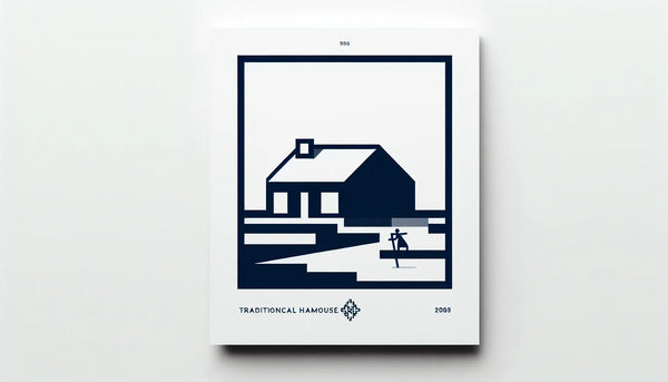 Minimalistisches, stilisiertes Traditionsbauernhaus in klaren Persian Blue Linien mit kleinem gelben Werkzeugakzent vor ruhigem weißem Hintergrund