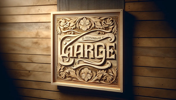 Traditionelles Garagenschild mit zeitlosem Design aus Holz, in Stahlmonks-Farben elegant lackiert und warm beleuchtet, ohne Menschen.