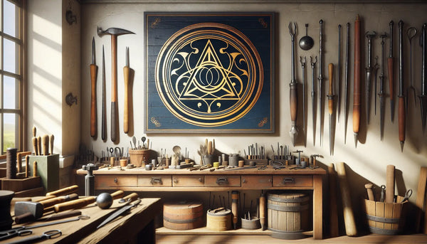 Traditionelles Handwerkeratelier mit antiken Werkzeugen und Zunftzeichen in Steelmonks Farben, warm beleuchtet und realistisch dargestellt.