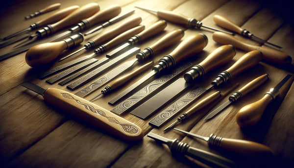 Traditionelles Handwerkszeug mit personalisierten Gravuren in stilvollem Steelmonks Look, Symbol für Stolz und Verbundenheit im Handwerk.