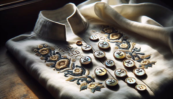 Nahaufnahme eines traditionellen Zunfthemds mit handgenähten Perlmuttknöpfen mit blauem Z, elegante Textur und feine Handwerkskunst im Steelmonks-Stil.