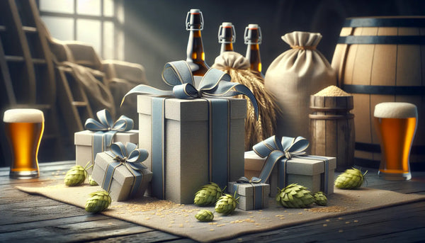 Traditionelles deutsches Brauhaus mit Malzsäcken, Hopfen und stilvoll verpackten Geschenkboxen in Steelmonks Farben, warm und einladend beleuchtet.