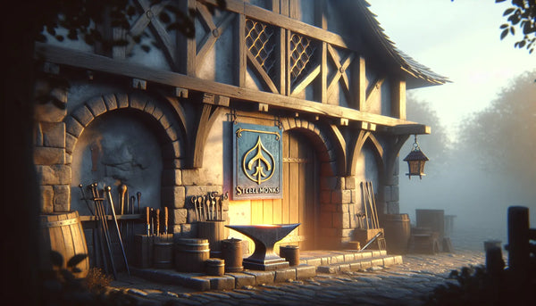 Traditionelles mittelalterliches Zunftzeichen an alter Schmiedefassade in Steelmonks-Farben mit warmem, realistischem Ambiente.