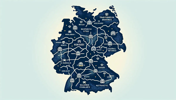 stiliserte landkarte von deutschland mit einfachen backerei symbole verteilt auf weissem ruhigem hintergrund mit text zu traditionsreicher backerei filialnetz