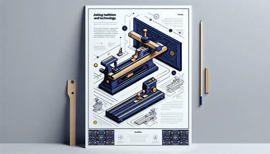 stilisiertes holzschild mit hobel und schematische kontur einer cnc maschine auf weissem hintergrund mit infotext zur verbindung von tradition und technologie