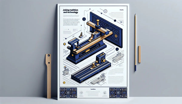 stilisiertes holzschild mit hobel und schematische kontur einer cnc maschine auf weissem hintergrund mit infotext zur verbindung von tradition und technologie