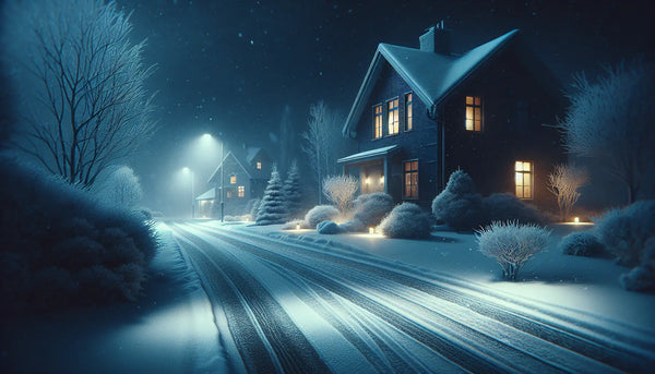 Vereiste Straße vor dunklem Wohnhaus bei Schneefall, stimmungsvolle kalte Atmosphäre im Steelmonks-Farbschema.