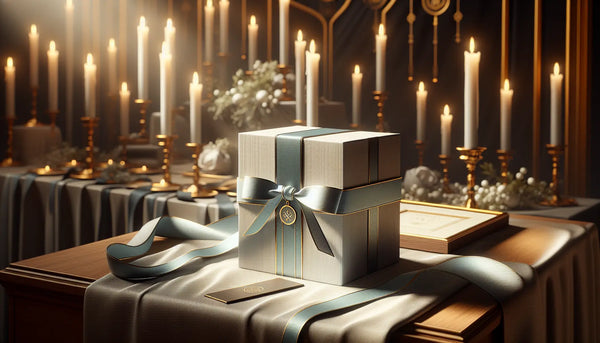 Zeremonielle Verleihung des großen Verdienstkreuzes am Bande des ÖBFV mit elegant verpacktem Geschenk in Blau-Weiß-Gelb im festlichen, warmen Ambiente.