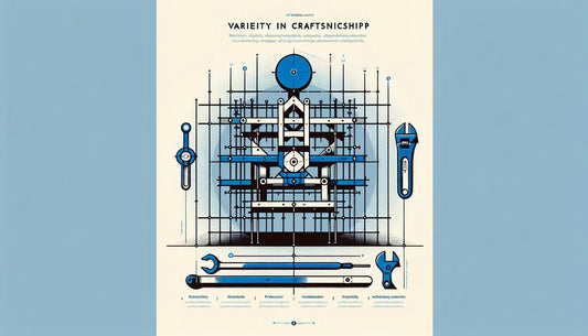 Minimalistische Infografik eines stilisierten Gerüsts und eines Schraubenschlüssels in Persian Blue mit gelbem Akzentpunkt vor weißem Hintergrund, Thema Vielfalt im Handwerk.