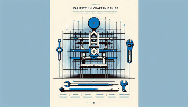 Minimalistische Infografik eines stilisierten Gerüsts und eines Schraubenschlüssels in Persian Blue mit gelbem Akzentpunkt vor weißem Hintergrund, Thema Vielfalt im Handwerk.
