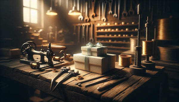 Vintage Klempnerwerkstatt mit stilvoll verpackten Geschenken in Blau und Weiß, warmes Licht, realistische Texturen, handwerkliche Wertschätzung.