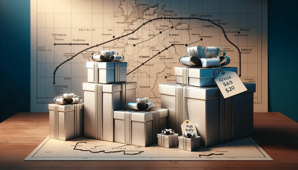 Geschenkboxen in Steelmonks Farben symbolisieren Brutto- und Nettogehalt eines Elektrikers in verschiedenen deutschen Regionen auf neutraler Holztischfläche.