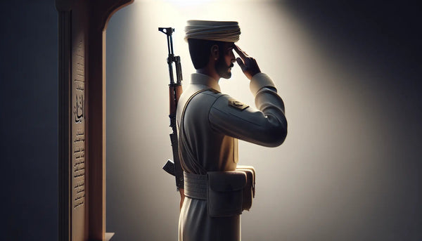 Nahaufnahme eines Wachsoldaten mit ruhiger Geste und verlässlicher Ausstrahlung vor minimalistischem, warm beleuchtetem Hintergrund.