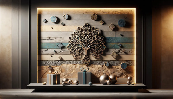Stilvoll dekorierte Wand mit natürlichem Material und Baum des Lebens Metallschild in warmem, harmonischem Steelmonks Look.