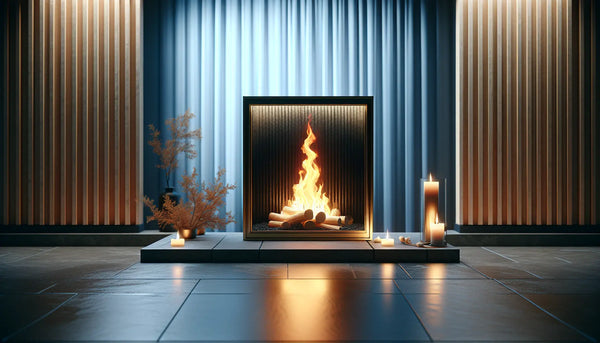Warme, lodernde Feuerstelle symbolisiert Feuerwehr Hingabe ohne Menschen, im stilvollen Steelmonks Farbschema mit minimalistischer, ruhiger Atmosphäre.