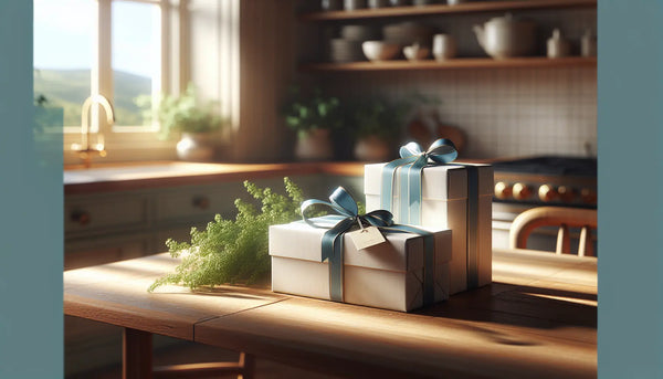 Elegante Geschenkboxen mit blauen Bändern auf Holztisch, umgeben von Kräutern, warmes Tageslicht, freundliche Küchenszene im Steelmonks-Stil.