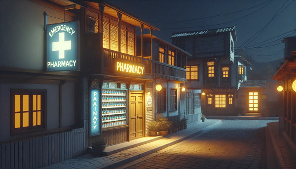 Ruhige ländliche Apothekenstraße bei Nacht, warmes Licht einer Notdienstapotheke, stimmungsvolle, realistische und einladende Szene.