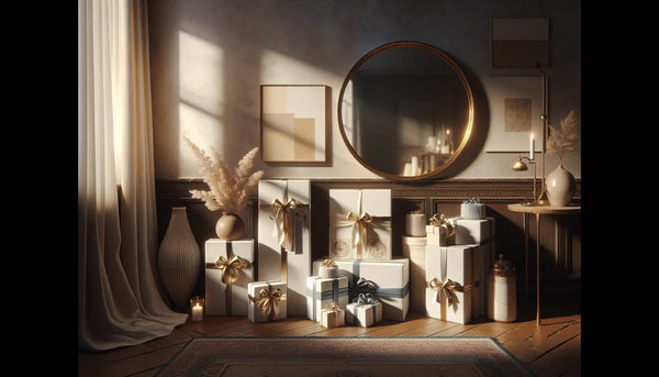 Gemütliches Wohnzimmer mit antikem Spiegel und elegant verpackten Geschenken in Steelmonks Farben, warmes Sonnenlicht reflektiert.