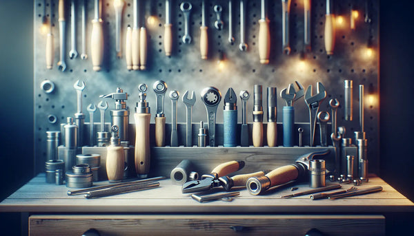 Werkbank mit Werkzeugen eines Anlagenmechanikers in stilvollem Steelmonks-Design, realistisch, warm beleuchtet, technologische Vielfalt der Ausbildung.
