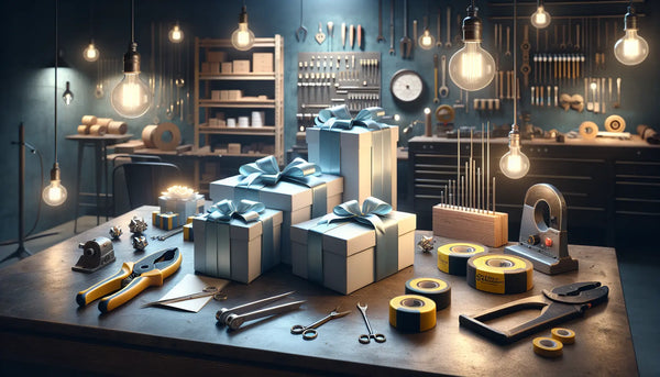 Elegante, schlanke Geschenke mit blauen Bändern in einer warmen Werkstatt mit Elektrikerwerkzeugen – stilvoll im Steelmonks-Design.