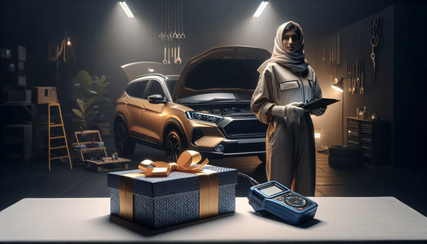 Kfz-Mechatroniker in Werkstatt vor modernem Auto mit geöffnetem Motor, schlankes Geschenk mit blauem Band auf weißer Oberfläche im Steelmonks-Stil.