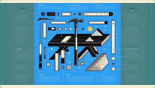 Minimalistische Infografik mit einem gravierten Hammer und einem Zollstock auf einer stilisierten Werkbank, reduziert in Persian Blue und Hunyadi Yellow vor Ghost White Hintergrund.