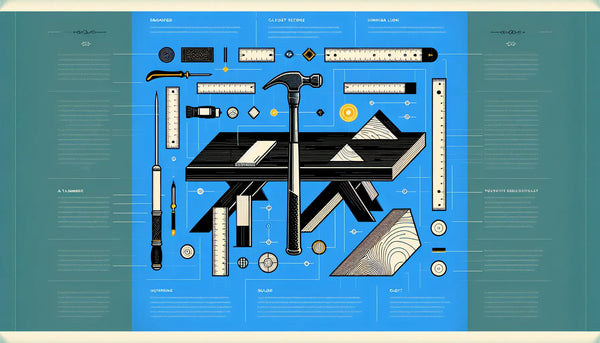 Minimalistische Infografik mit einem gravierten Hammer und einem Zollstock auf einer stilisierten Werkbank, reduziert in Persian Blue und Hunyadi Yellow vor Ghost White Hintergrund.
