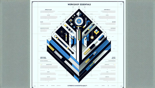 Minimalistische Vektorgrafik eines einzelnen Werkzeugs in Persian Blue mit gelbem Akzent auf hellweißem Hintergrund. Dazu Text Werkstatt Essentials und Handgefertigte Qualität erleben.