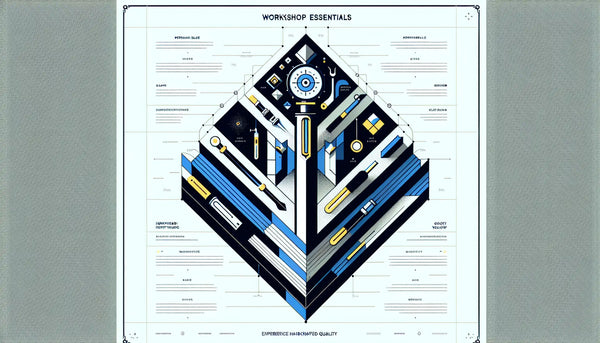 Minimalistische Vektorgrafik eines einzelnen Werkzeugs in Persian Blue mit gelbem Akzent auf hellweißem Hintergrund. Dazu Text Werkstatt Essentials und Handgefertigte Qualität erleben.