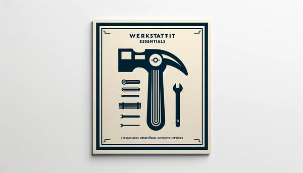 vintage hand tool as clear vector graphic on white background with text about personal workshop essentials