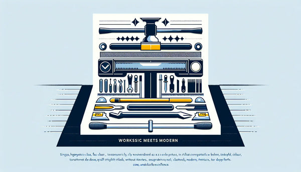 Minimalistische Vektorgrafik eines stilisierten Werkzeugs in Persian Blue mit gelbem Akzent auf weißem Ghost White Hintergrund. Text Werkstatt Exzellenz und Klassik trifft Moderne in Schwarz.