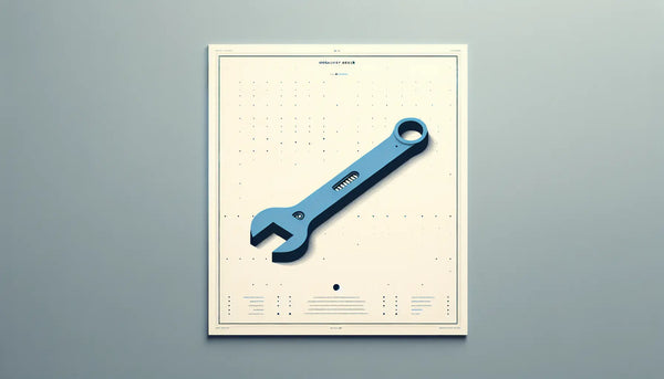 Minimalistische Grafik eines einzelnen stilisierten Schraubenschlüssels in Persian Blue mit gelbem Akzentpunkt auf weißem Hintergrund symbolisiert Werkstattordnung ohne Menschen.