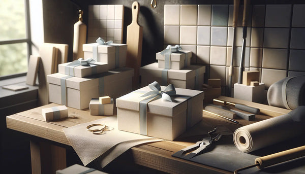 Werkstatt mit Fliesenlegerwerkzeug, modernen Fliesen und stilvoll verpackten Geschenken in Steelmonks Farben