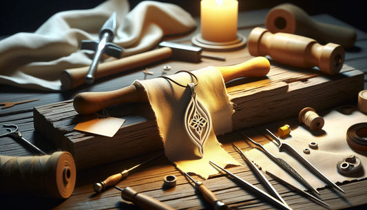 Werkstattszene mit elegantem Zunftanhänger an Werkzeug, handwerkliche Utensilien in warmem, sanftem Licht im Steelmonks-Farbschema.