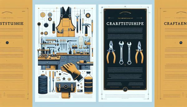 Illustration einer Werkstattszene mit personalisierten Handwerkzeugen und stilvoll hängender Arbeitsschürze, daneben Text über Handwerkskunst, heller Hintergrund.