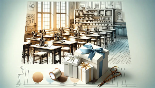 Schulklassenzimmer mit Werkunterricht und elegant verpackten Geschenken in Steelmonks-Farben auf einem Holztisch.