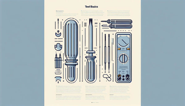 Minimalistische Grafik eines stilisierten Schraubenziehers und Multimeters in reduzierter Linienführung in Persian Blue mit gelbem Akzent auf weißem Hintergrund