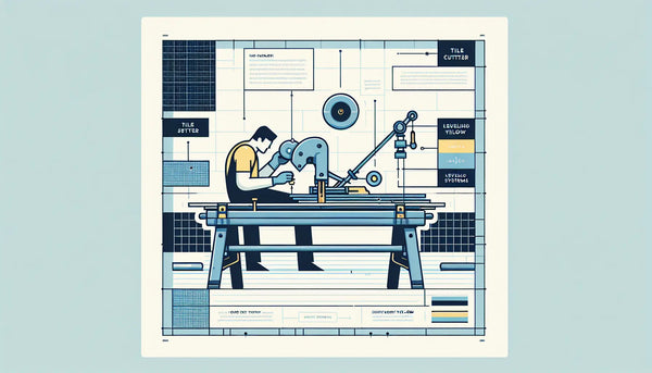 Minimalistische Vektorillustration einer Werkzeugbank mit Fliesenschneider in Persian Blue und kleinem gelben Akzentpunkt vor weißem Hintergrund