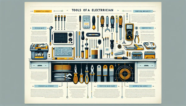 Illustration einer Werkstatt mit traditionellen und modernen Elektriker-Werkzeugen wie Schraubenzieher, Zange und Multimeter, daneben informativer Text auf hellem Hintergrund.