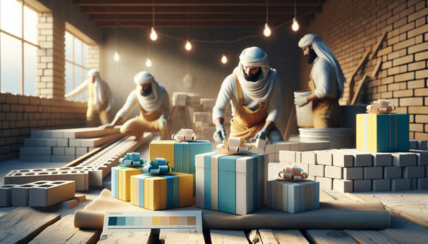 Cozy Baustellenszene mit eleganten Geschenken in Steelmonks Farben, Ziegel und Mörtel, warme Atmosphäre, Wertschätzung fürs Handwerk.