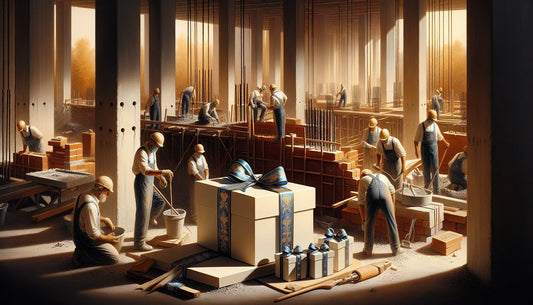 Baustelle mit Maurern und Betonbauern bei der Arbeit, elegante Geschenke in Blau und Weiß symbolisieren Wertschätzung in freundlicher Atmosphäre.