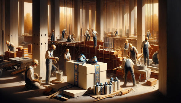 Baustelle mit Maurern und Betonbauern bei der Arbeit, elegante Geschenke in Blau und Weiß symbolisieren Wertschätzung in freundlicher Atmosphäre.
