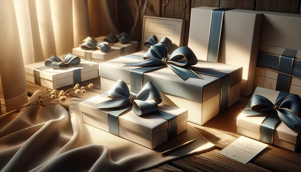 Nahaufnahme von schlanken, elegant verpackten Geschenkboxen mit blauen und gelben Schleifen, platziert auf einem hellen, natürlichen Untergrund mit warmem, weichem Licht und ruhigem Hintergrund.